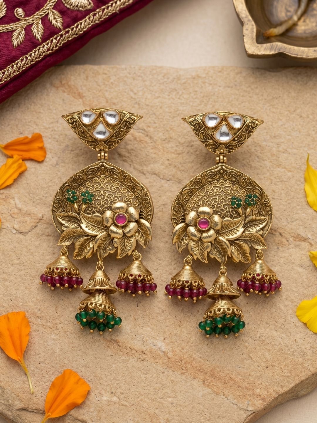 Antique Gold Plated golden Kundan Jhumka Earrings With Floral Design | Traditional Ethnic Earrings