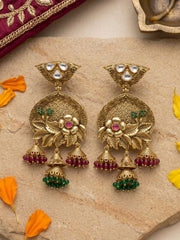 Antique Gold Plated golden Kundan Jhumka Earrings With Floral Design | Traditional Ethnic Earrings