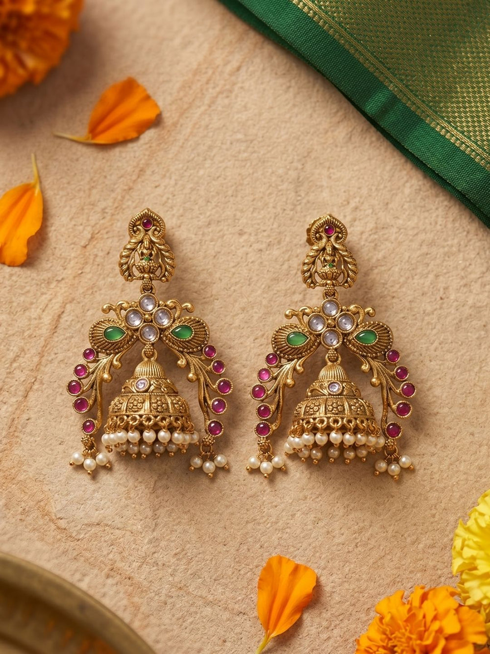 Traditional Antique Gold Lakshmi Temple Jhumka Earrings | Wedding & Festive Wear