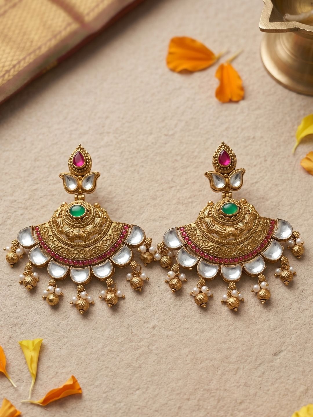 Antique Gold Plated Kundan Chandbali Earrings For Women | Wedding & Party Wear