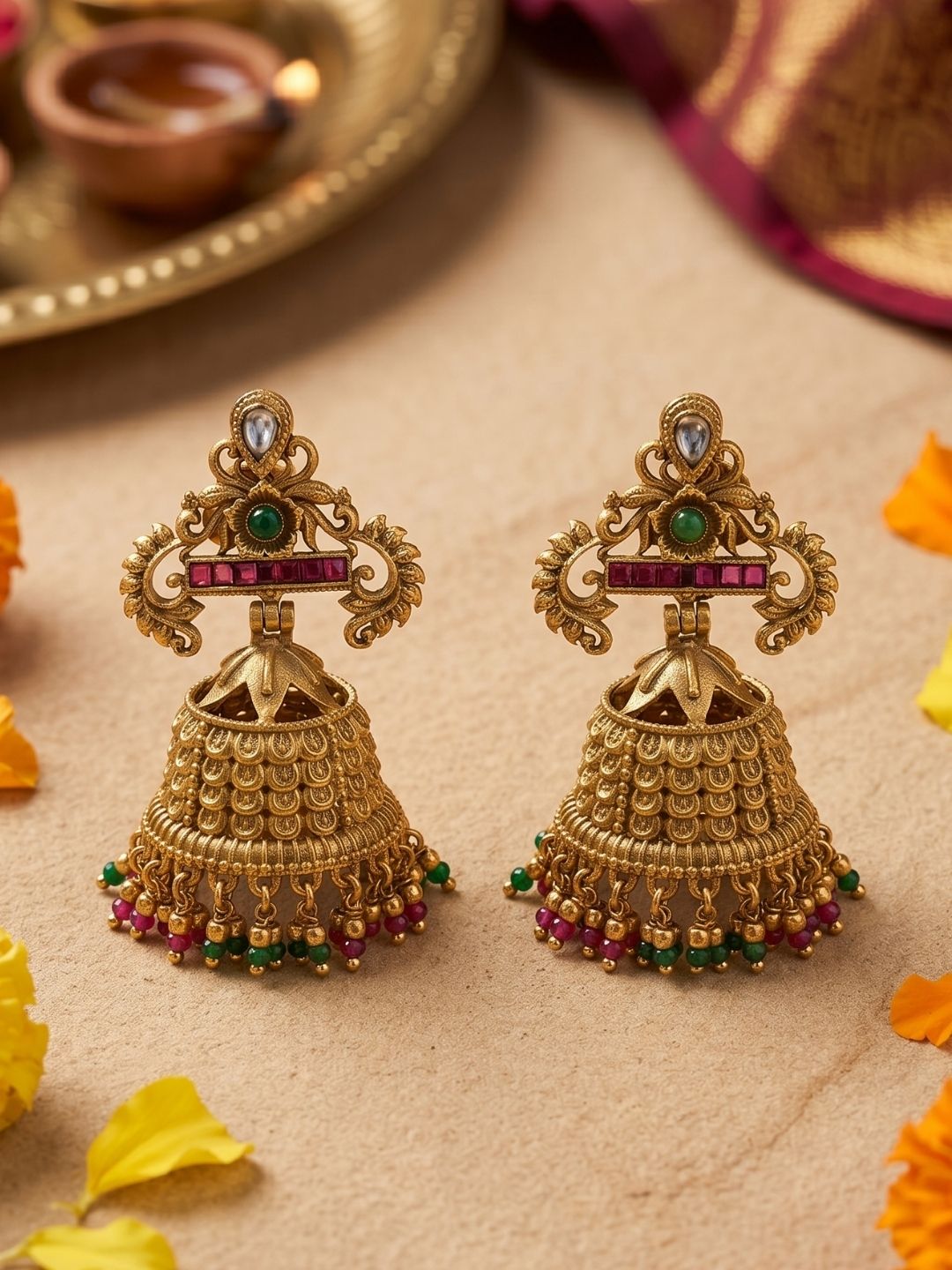 Ethnic Gold Plated Antique Gold Jhumka Earrings | Festive & Wedding Wear Earrings