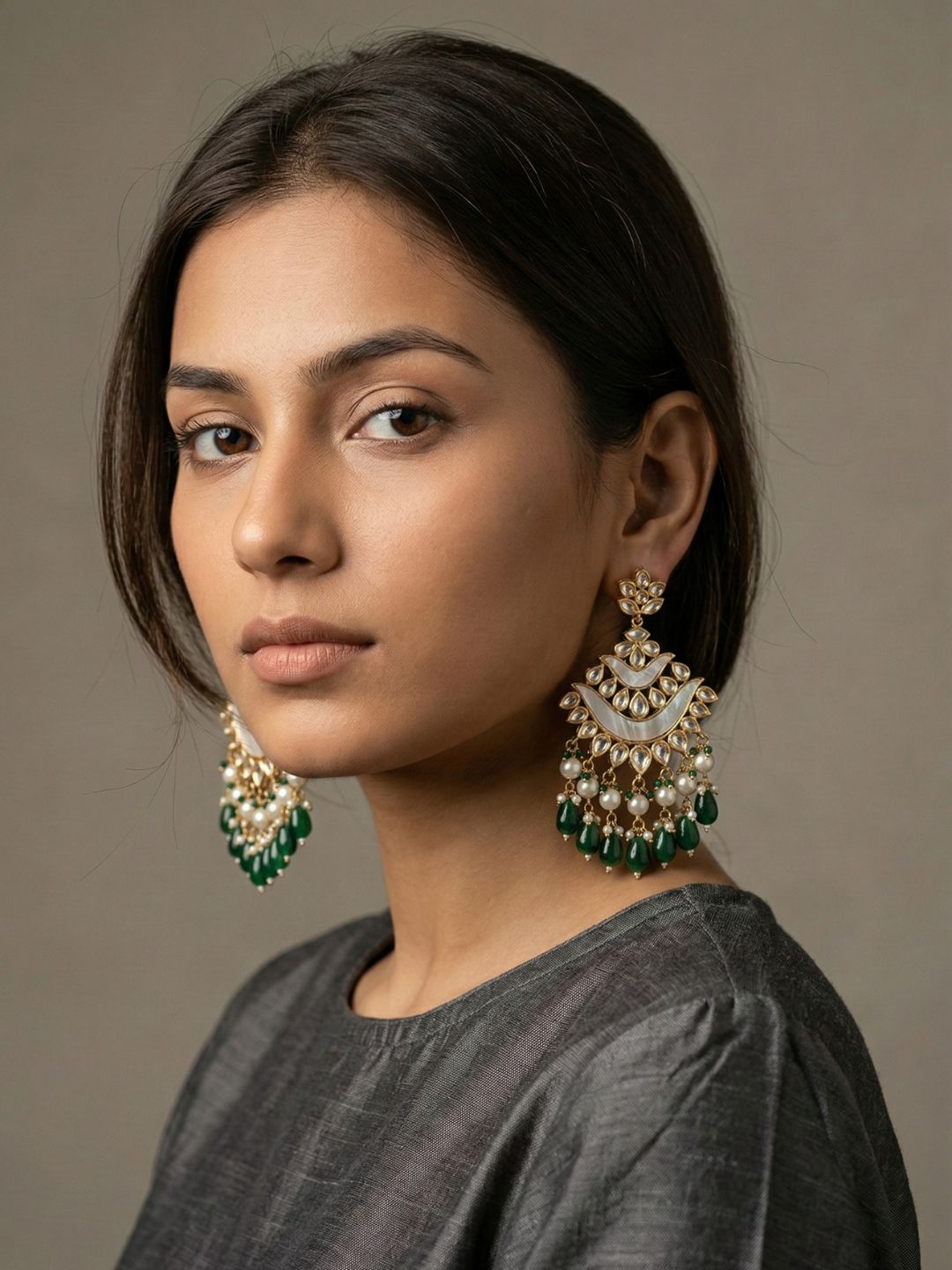 Kundan Chandbali Earrings with Mother of Pearl Detailing and green stones and Pearl Drops | Bridal Wedding Statement green earrings  for Women