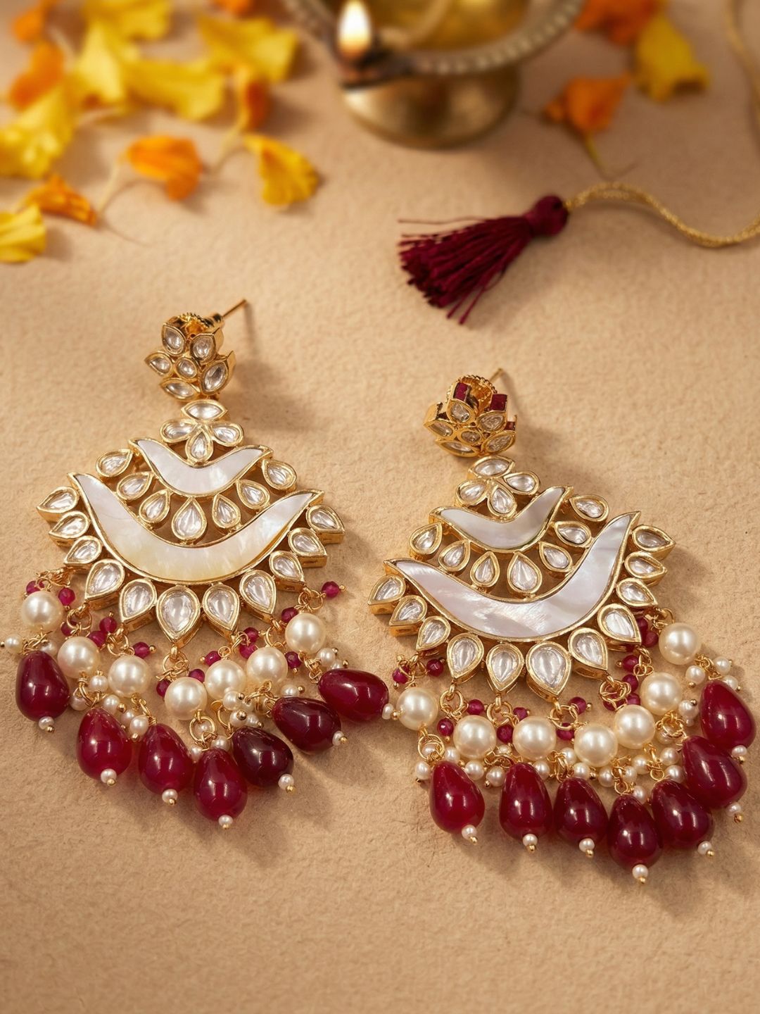 Kundan Chandbali Earrings with Mother of Pearl Detailing and red stones and Pearl Drops | Bridal Wedding Statement earrings  for Women