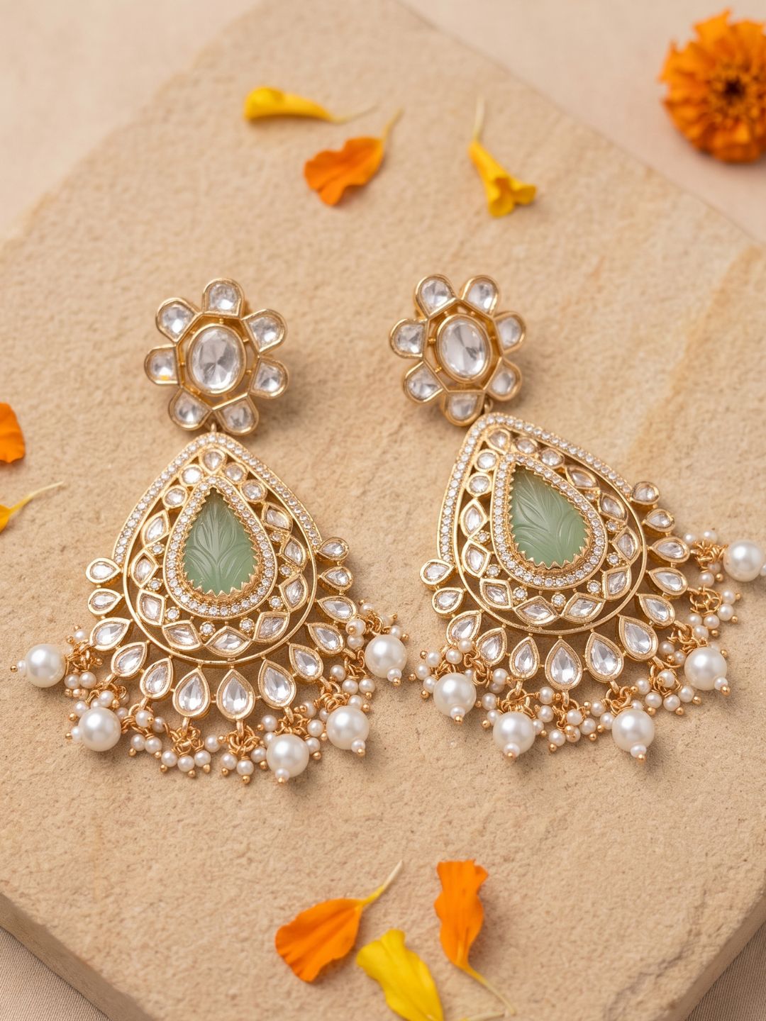 Light green Kundan Polki Pearl Drop Chandbali Earrings For Women | Traditional Bridal & Wedding Earrings