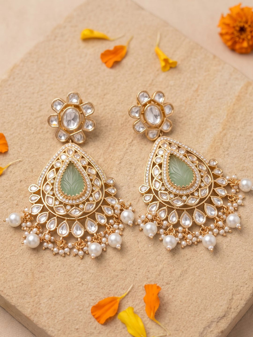 Light green Kundan Polki Pearl Drop Chandbali Earrings For Women | Traditional Bridal & Wedding Earrings