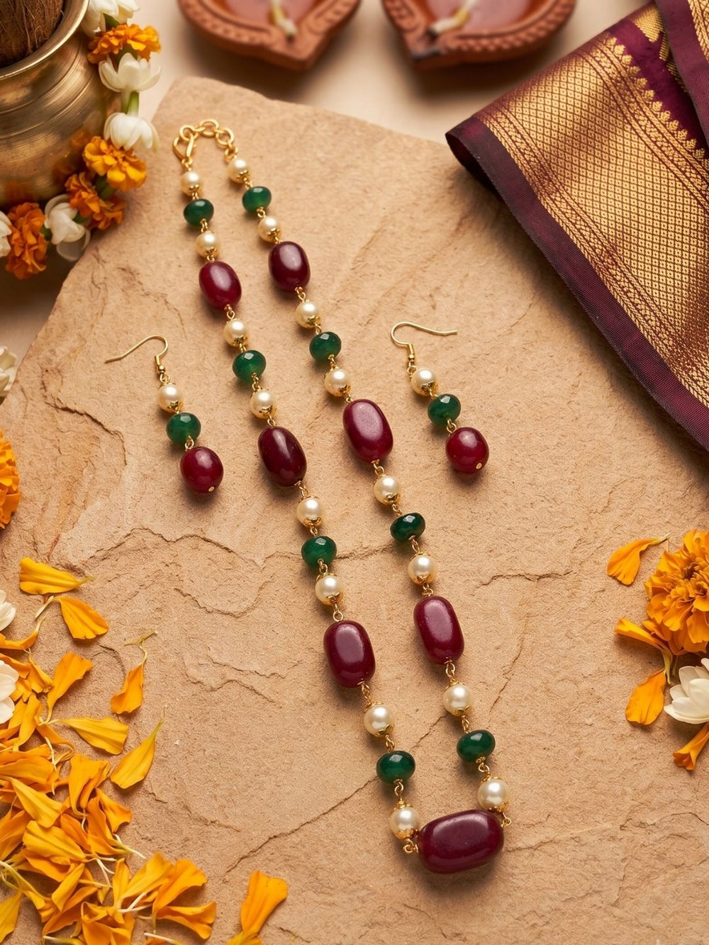 Semi Precious Gemstone red Jade Beaded Necklace Set | Ethnic Jewellery For Women