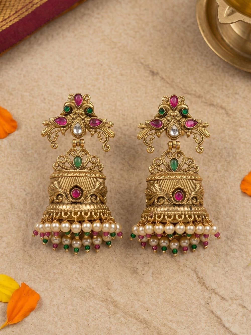 Antique Gold Peacock Jhumka Earrings For Ethnic And Traditional Wear
