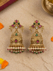 Antique Gold Peacock Jhumka Earrings For Ethnic And Traditional Wear