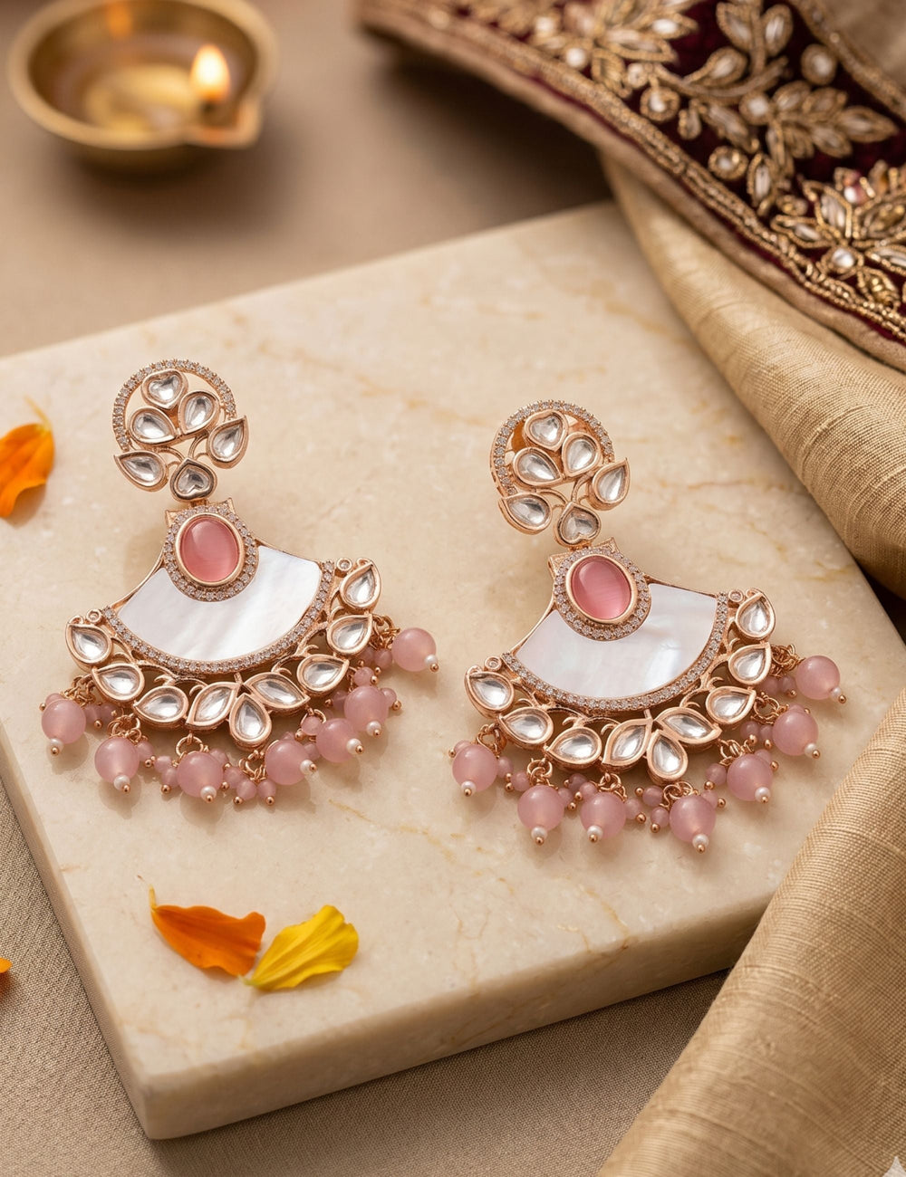 Designer Kundan And Mother Of Pearl Beaded Chandbali Earrings For Women  - Statement baby pink stone beaded chandbali Earrings
