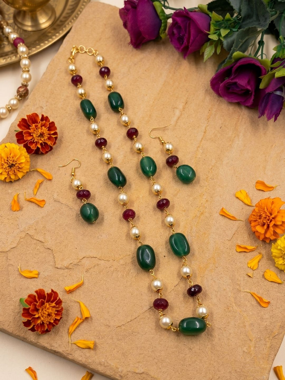 Semi Precious Gemstone green Jade Beaded Necklace Set | Ethnic Jewellery For Women