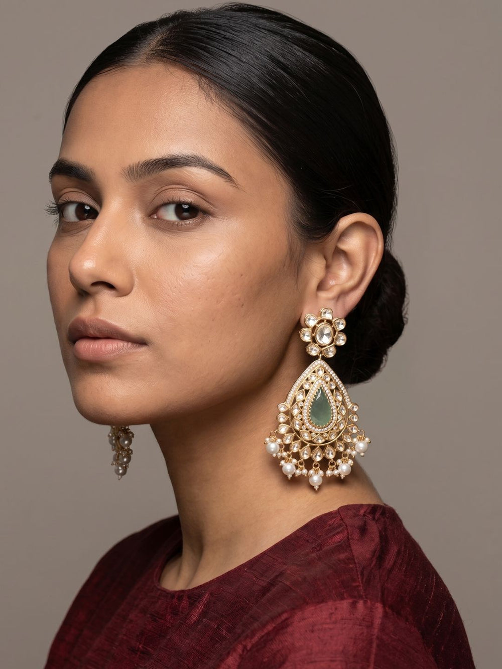 Kundan Polki Pearl Drop Chandbali Earrings For Women | Traditional Mint green Bridal & Wedding Earrings