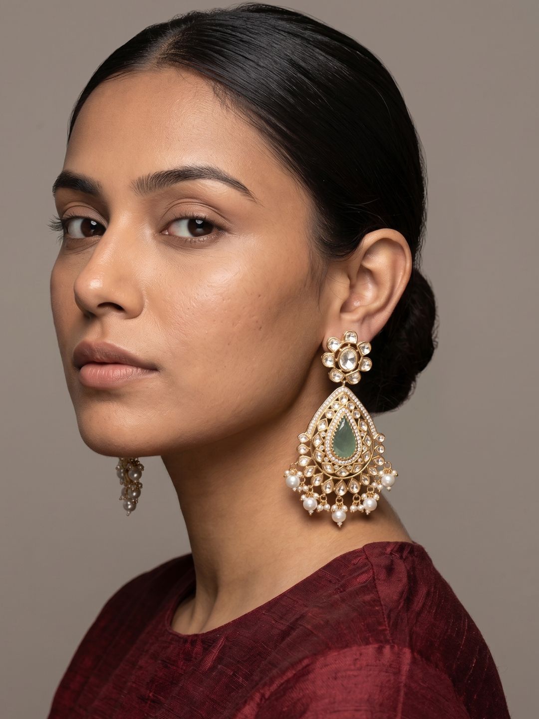 Kundan Polki Pearl Drop Chandbali Earrings For Women | Traditional Mint Green Bridal & Wedding Earrings