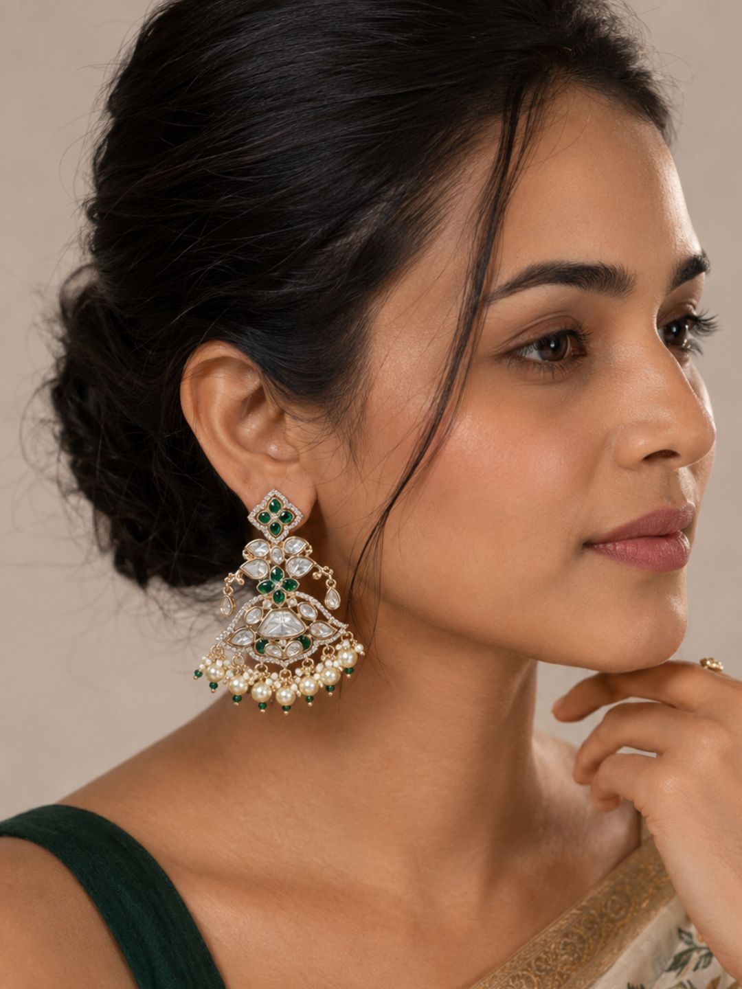 Elegant green Polki Kundan Chandbali Earrings for Women | Bridal Wedding Statement Earrings