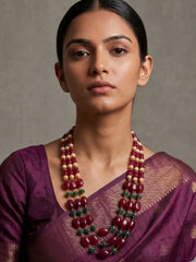 Handmade Triple Layered Natural Red Jade Beaded Necklace For Ethnic Wear like saress 