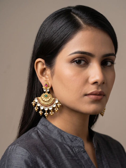 Antique gold Kundan Chandbali earrings with an emerald green centre, ruby accents, detailed engravings and graceful pearl drop danglers