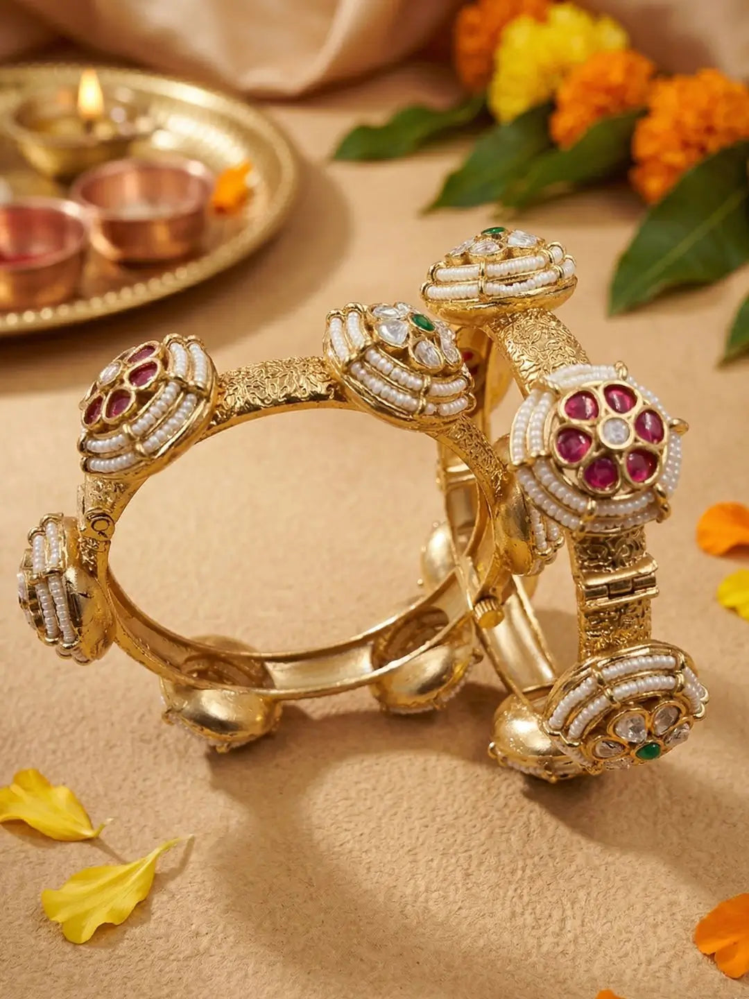 Traditional Gold Plated  studded polki Kundan Pearls Kada Bangles For Women - Wedding & Party Wear