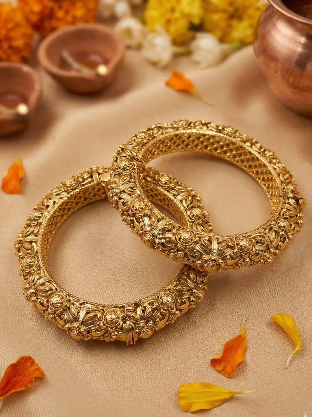 Set of two gold plated antique nakshi bangles with traditional design, presented as a gift for anniversaries, birthdays and Mother’s Day