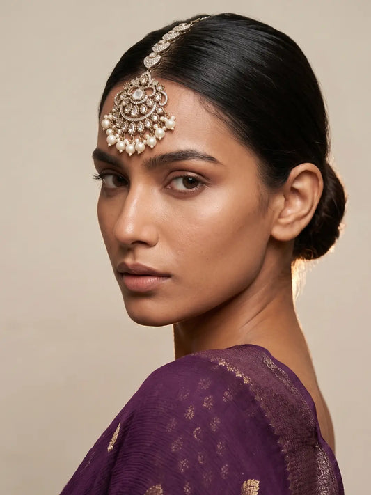 Antique Victorian Moissanite Polki Maang Tikka with Layered Pearl Drops Styled for Traditional Indian Wedding Wear