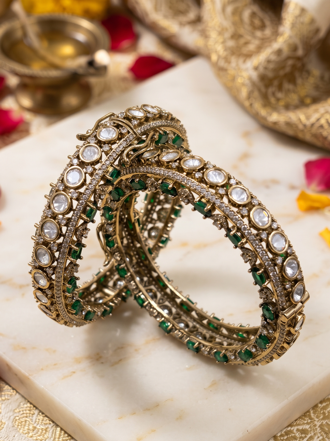Luxury Antique Victorian Polki Kada Bangles With Emerald and CZ Stones  | Wedding & Bridal Kada Bangles