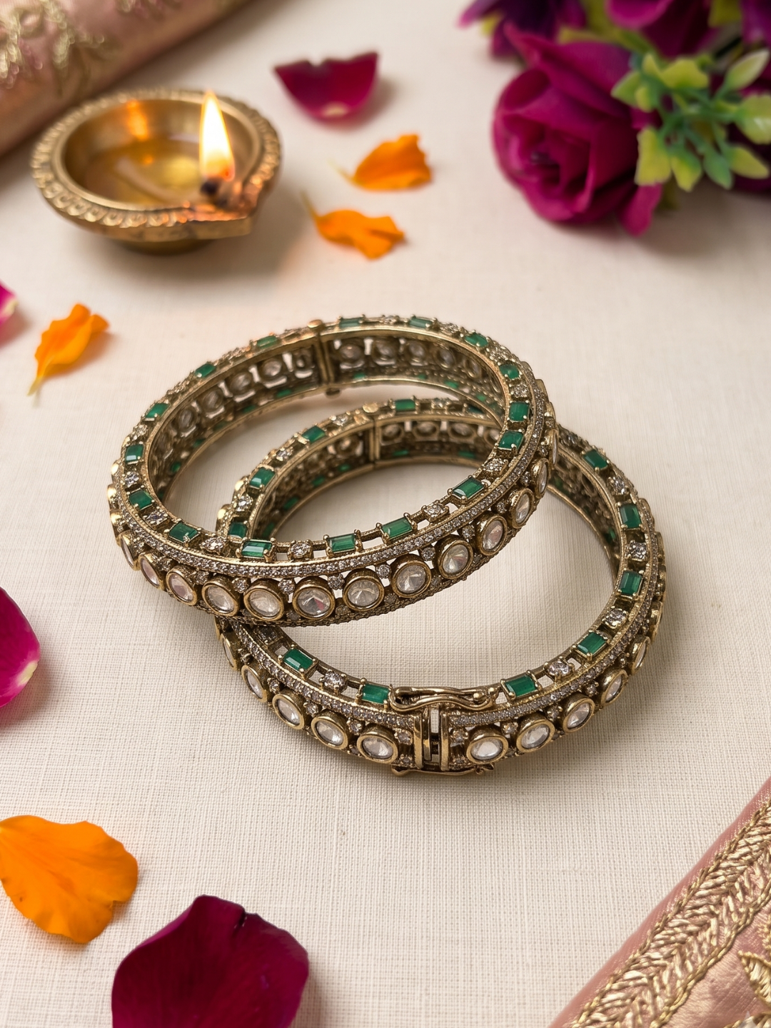 Luxury Antique Victorian Polki Kada Bangles With Emerald Stones | Wedding & Bridal Kada Bangles