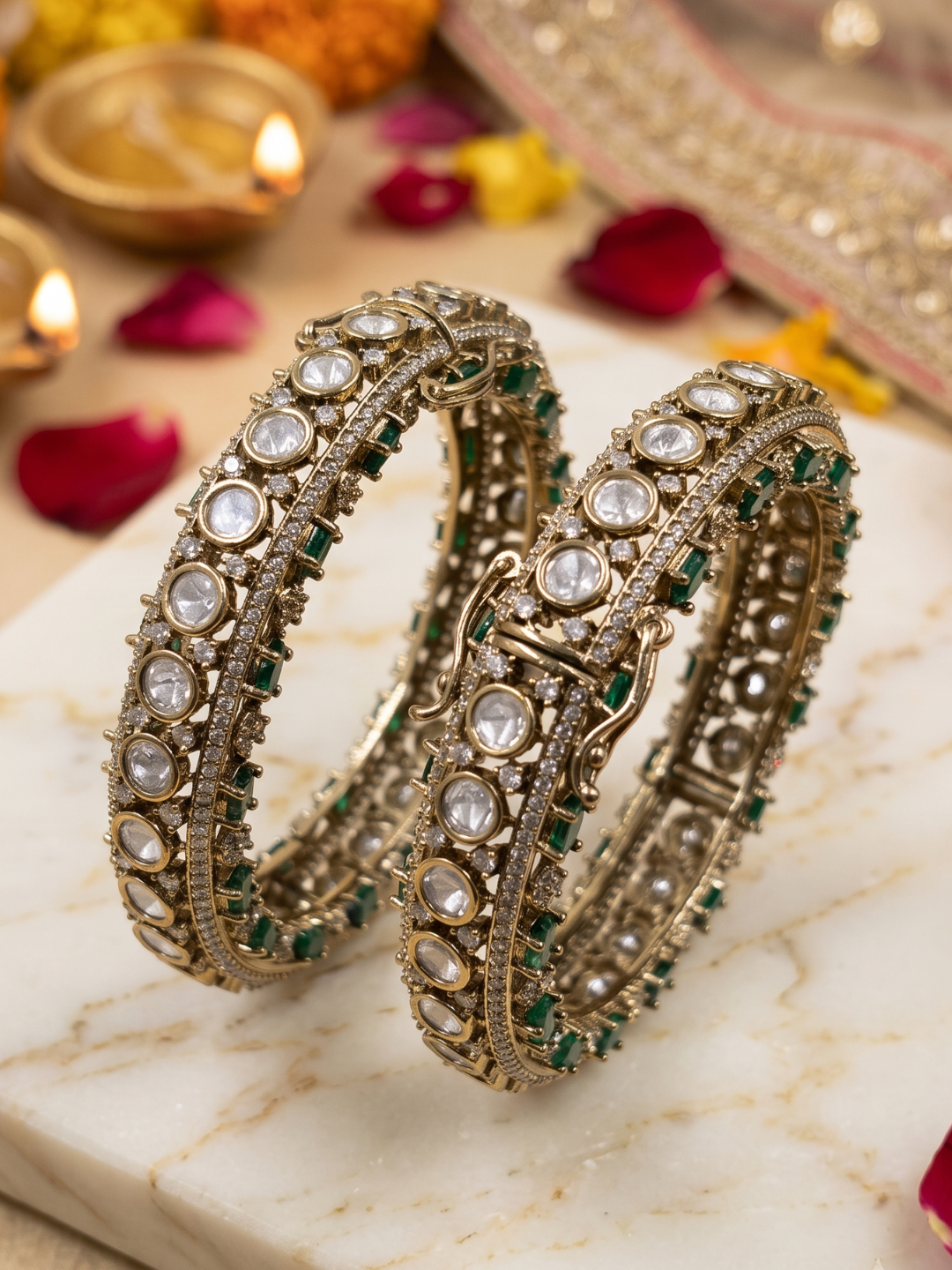 Luxury Antique Victorian Polki Kada Bangles With Emerald Stones | Wedding & Bridal Kada Bangles
