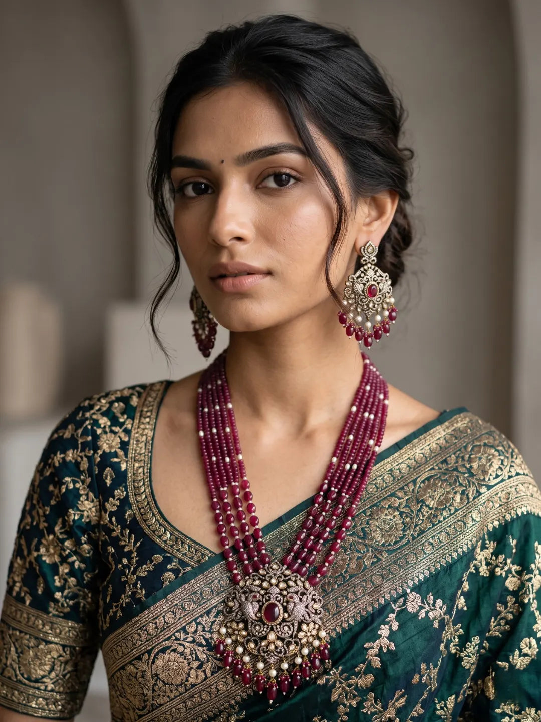 Long antique Victorian necklace featuring cascading red jade beads, white pearl accents, an ornate peacock pendant and matching embellished drop earrings.