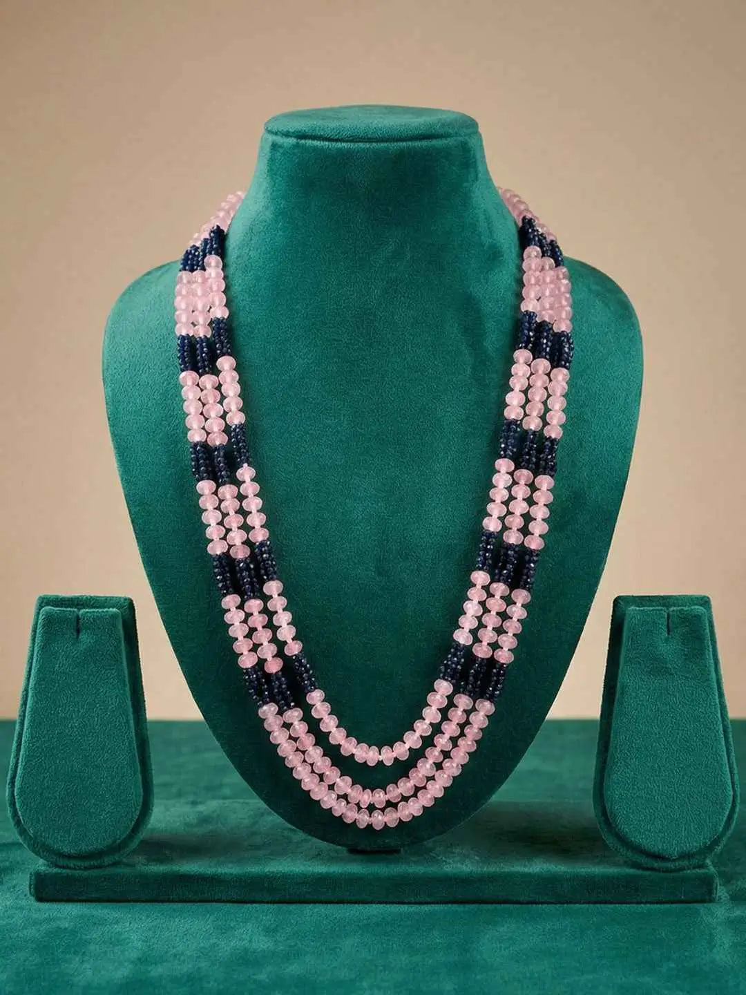 Blue hydro beads and pink jade gemstone beads arranged in a layered sherwani mala for men