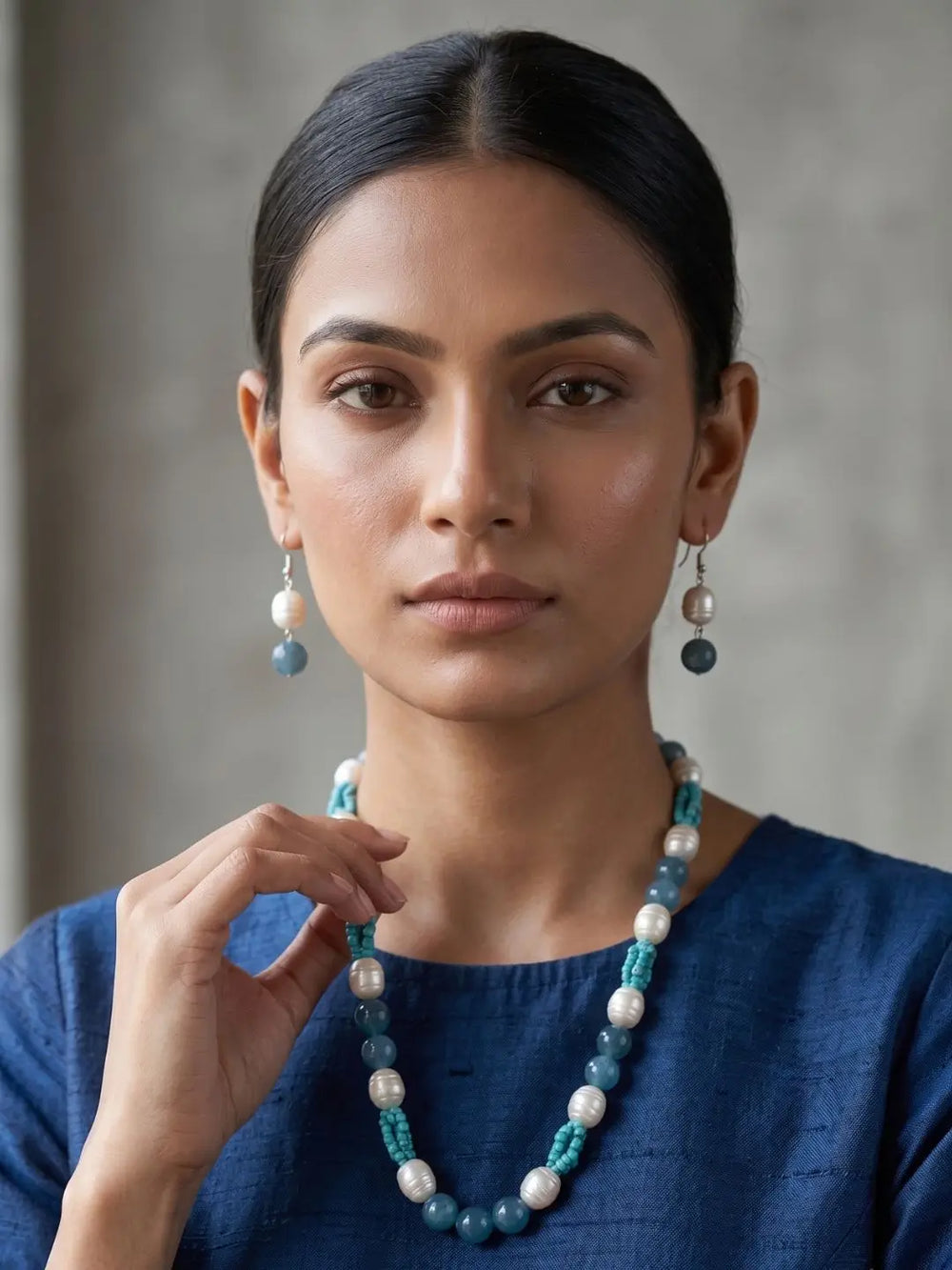 Lady wearing Contemporary Blue Jade & Pearls, turquoise chips Beaded Necklace Set | Indo Western Beaded Necklaces  