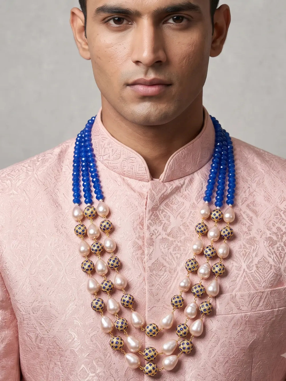Blue jade and rose pink shell pearl dulha necklace with gold-tone blue Jadau beads and an adjustable dori for groom wear