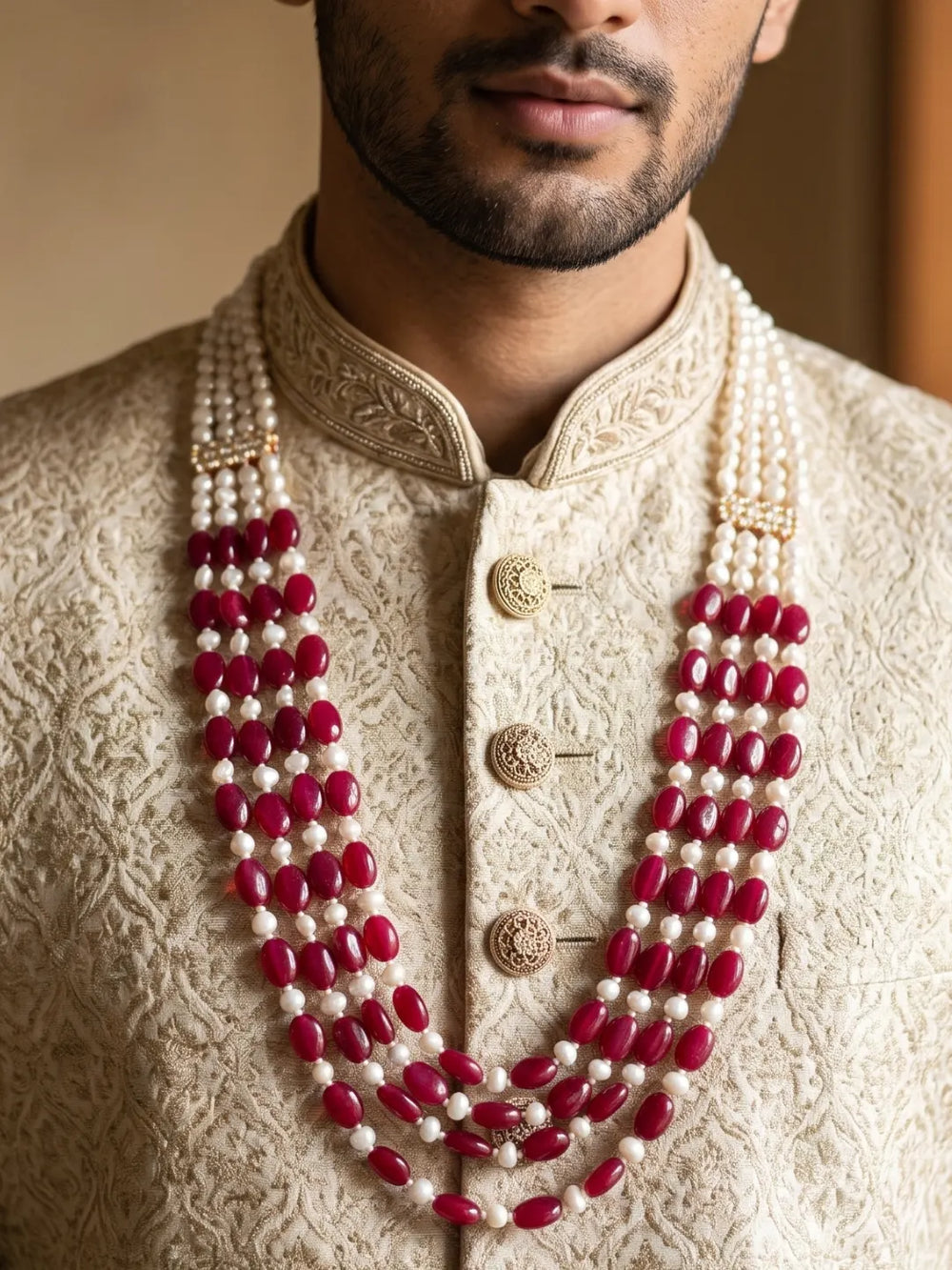 Royal dulha mala featuring polished ruby red jade beads, irregular freshwater pearls and gold-tone kundan accents in cascading strands for weddings.