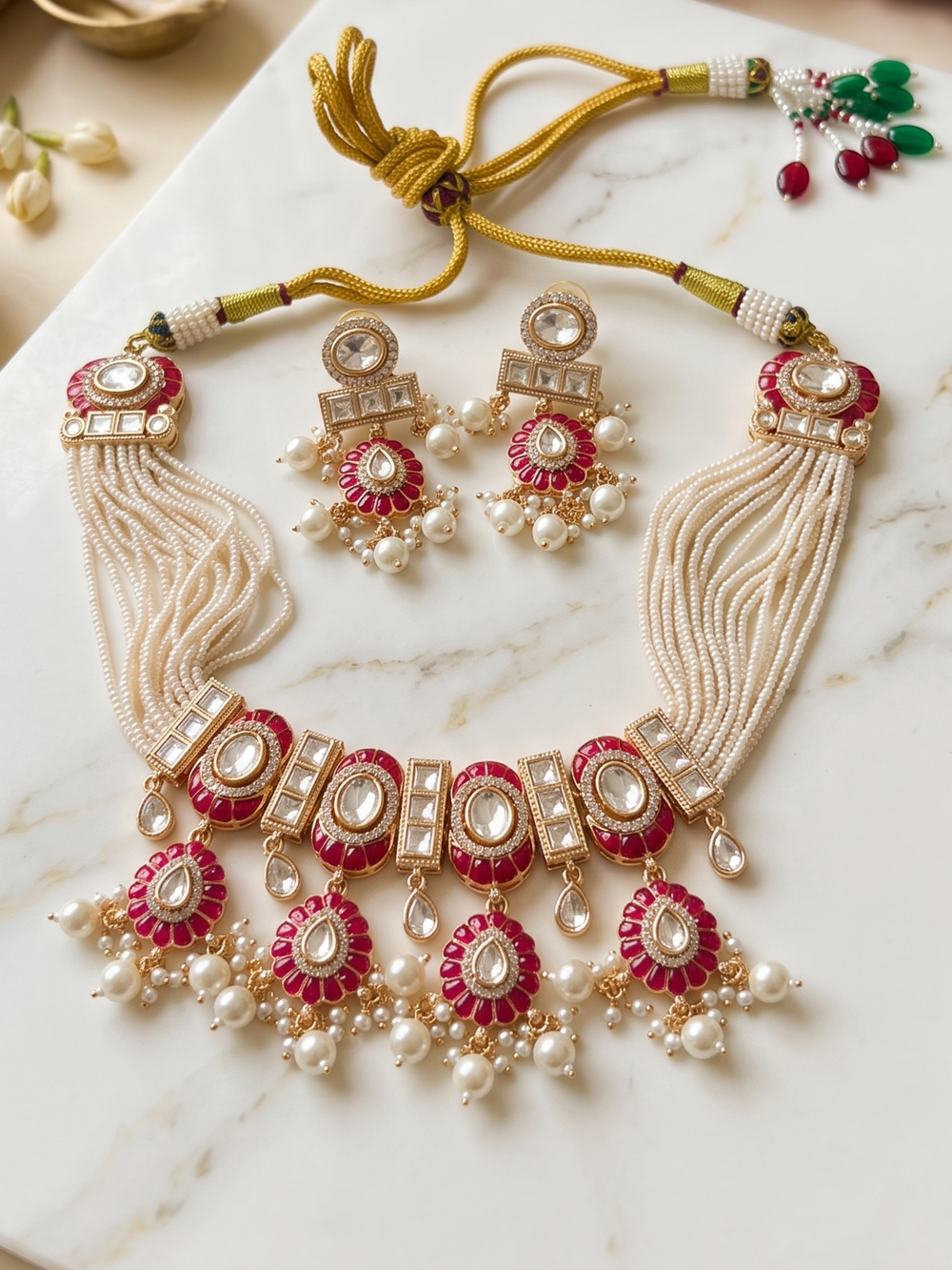 A traditional Indian jewelry set featuring a statement choker necklace and matching earrings, displayed on a white marble surface. The set includes a cream-colored beaded necklace with gold-plated borders, red enamel accents, and white pearl-like beads, accompanied by matching drop earrings.