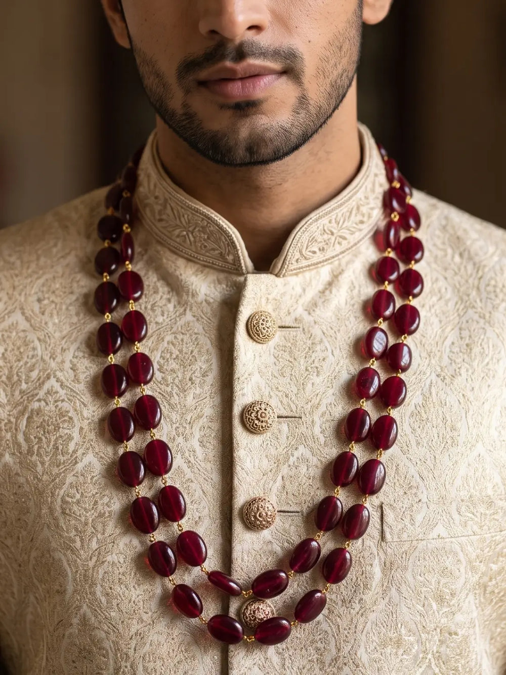 Men's dulha mala featuring two cascading strands of polished oval red jade beads with gold-tone links, designed for traditional Indian wedding attire.