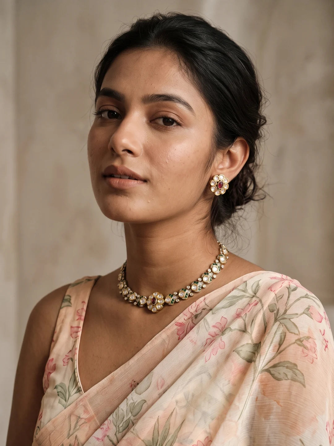 Dual-tone ruby pink necklace and earring set featuring floral stonework, Polki accents, enamel details and matching studs.