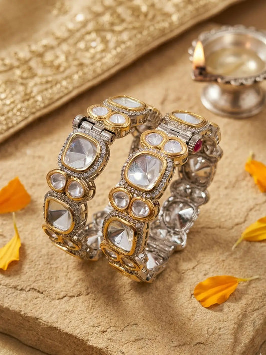 Dual Tone Victorian Uncut Polki Kundan Kada Bangles For Women | Wedding & Party Wear