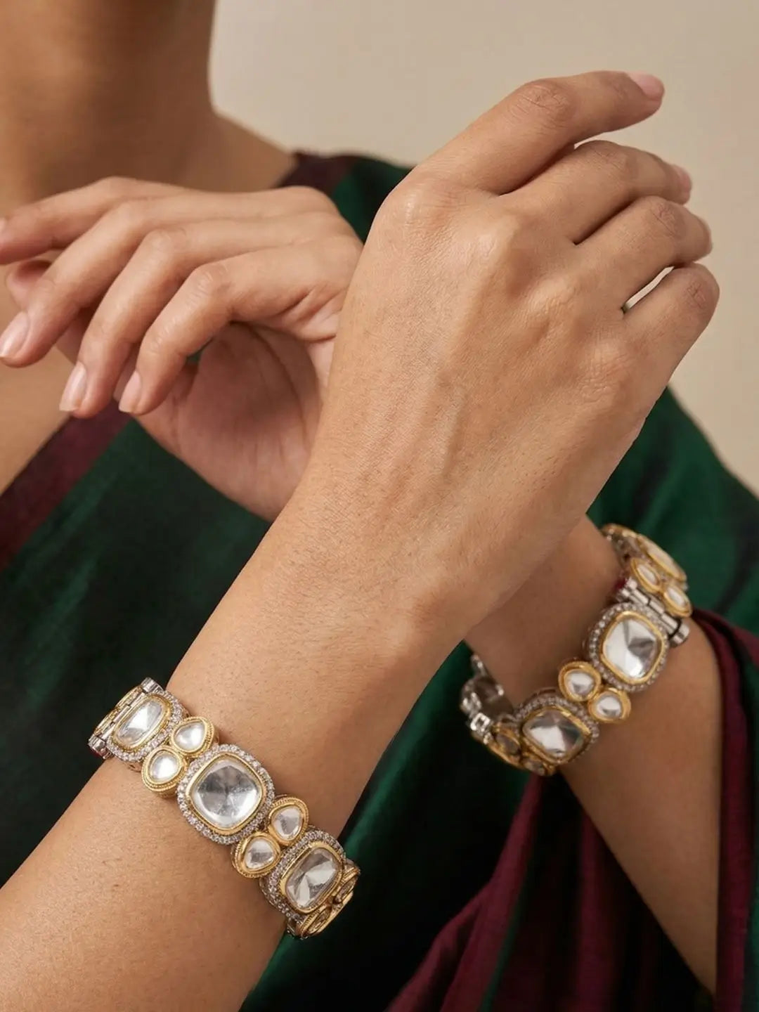 Dual Tone Victorian Uncut Polki Kundan Kada Bangles For Women | Wedding & Party Wear
