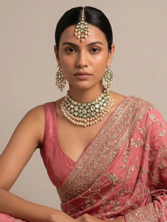 Elegant Green Enamel Bridal Polki Jewellery Set with Oval Polki Stones, Pearl Fringe and Maang Tikka