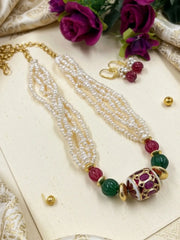 Ethnic freshwater pearl and jade beaded necklace set designed for sarees, Anarkalis, festive outfits, weddings and special occasions.