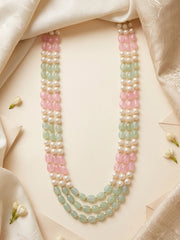 Pastel groom mala combining pink and mint green jade beads, white faux pearls and gold-tone accents, designed to complement embroidered sherwanis and achkans.