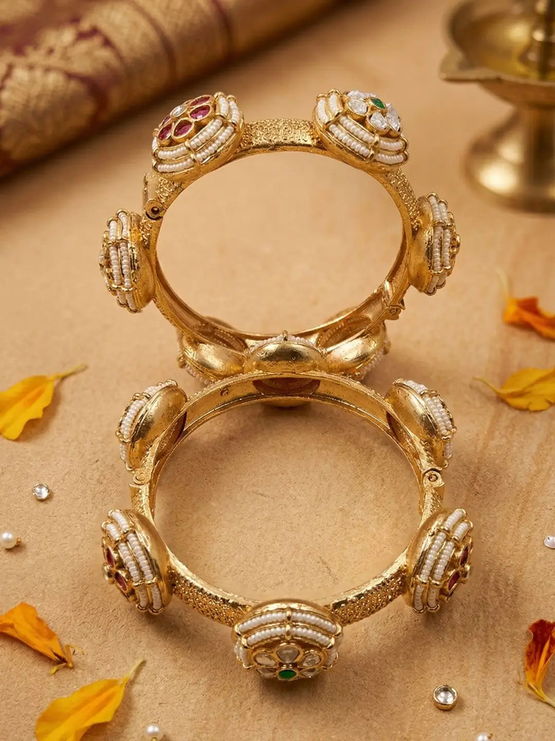 Designer Traditional Gold Plated Kundan Pearls Kada Bangles For Women - Wedding & Party Wear 
