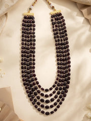 Five-layer garnet groom necklace featuring deep burgundy natural beads, contrasting freshwater pearls and a graduated silhouette suited to sherwanis.