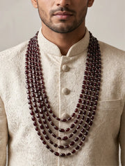 Five-layer groom mala featuring multiple strands of burgundy natural garnet beads and freshwater pearls with gold-plated detailing.