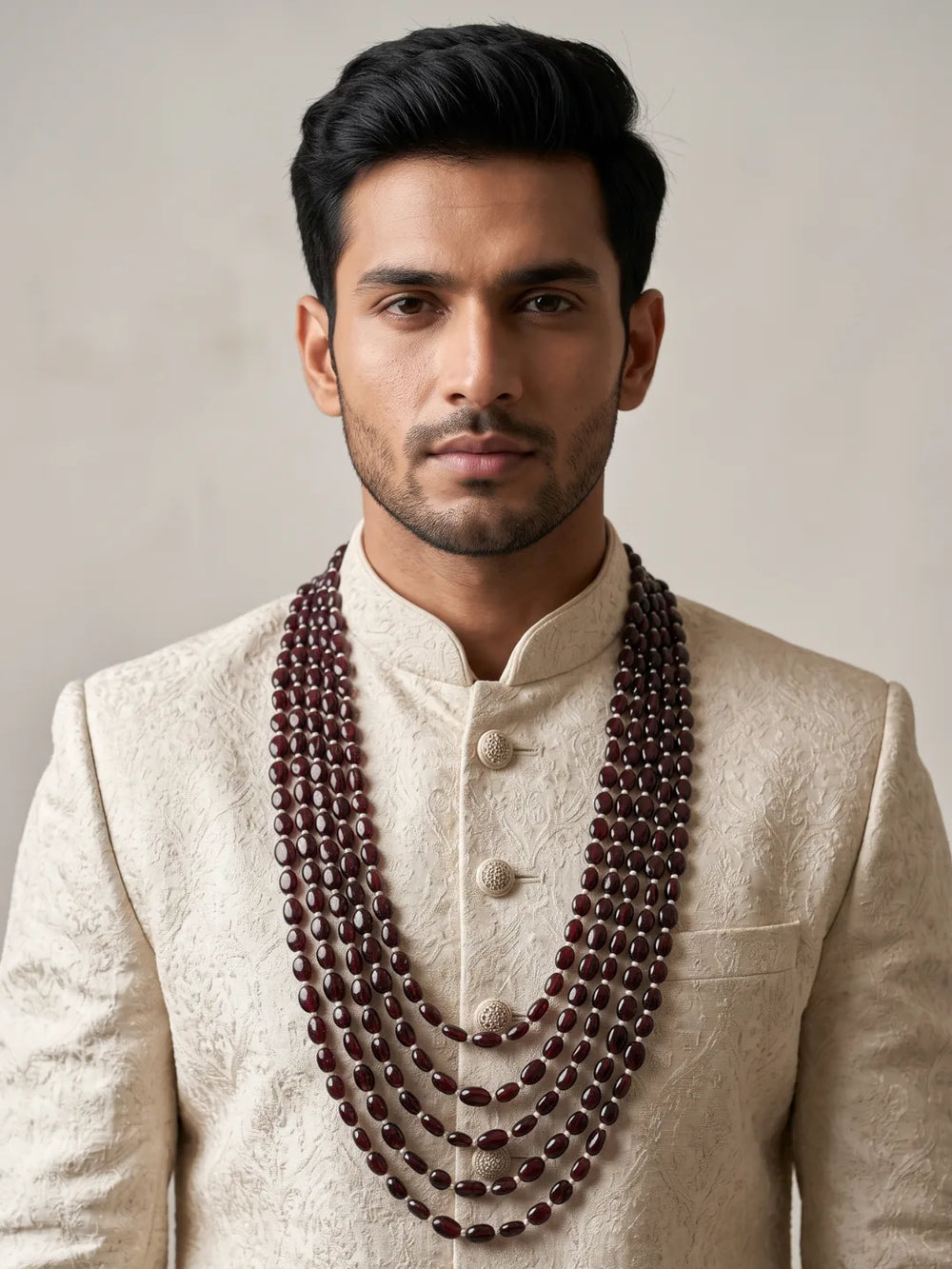 Five-layer groom necklace combining burgundy garnet beads and freshwater pearls in a cascading design for traditional sherwanis and wedding occasions.