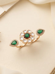 Green statement ring featuring an open dual-finger design, floral Polki detailing, CZ stones and a gold-plated setting.