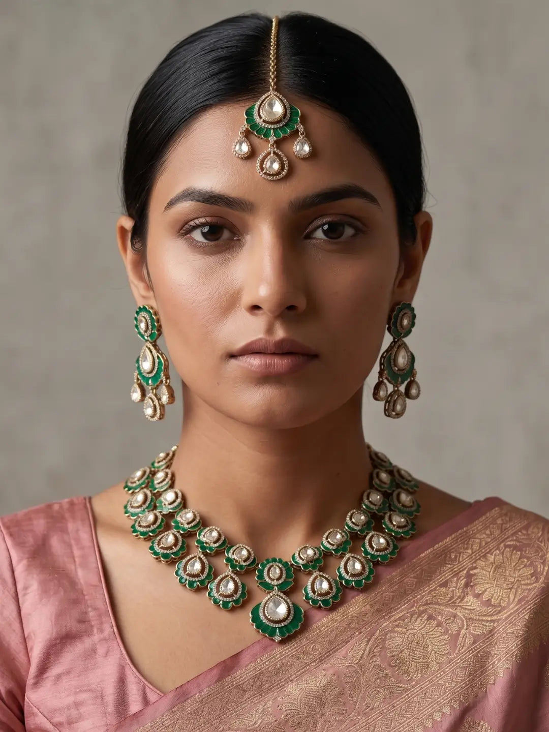 The green necklace features repeating floral-inspired motifs with teardrop-shaped stones, coordinated earrings, and an adjustable dori for fit.