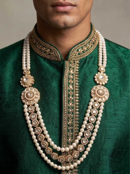 Freshwater pearl Kundan sherwani mala for groom with layered pearl strands, Polki brooches and gold-plated details for Indian wedding styling.