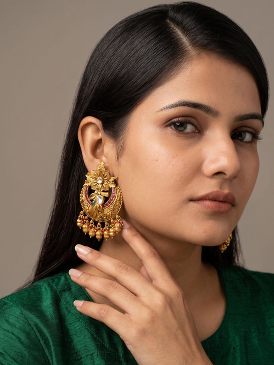Gold-plated antique gold Chandbali earrings featuring crescent-shaped floral motifs, Kundan Polki stones and colourful stone accents