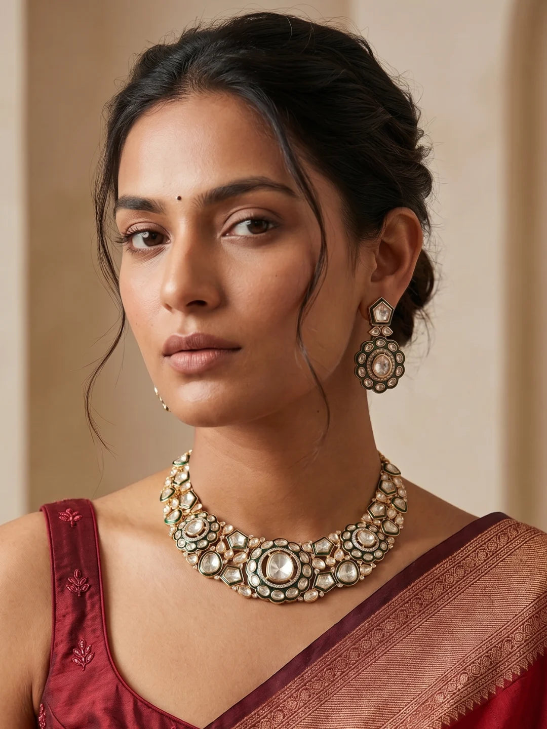 Green Kundan necklace set with luminous stones, decorative gold-tone framing and matching earrings for traditional ethnic attire.
