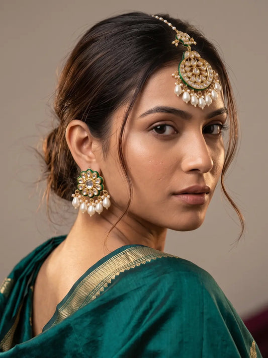 Gold-Plated Kundan Polki Maang Tikka and Matching Earring Set Styled on Indian Bridal Model