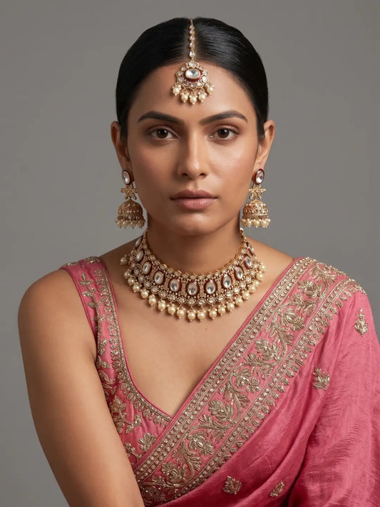 Gold-Plated Maroon Red Polki Bridal Choker Necklace Set with Maang Tikka, Jhumka Earrings and Pearl Drops Worn by a Woman