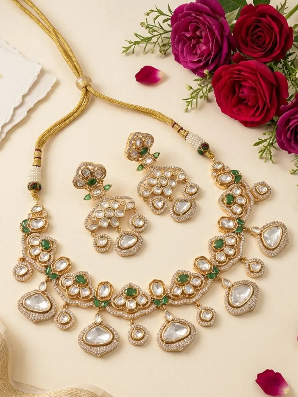 Gold-toned green polki necklace set with floral-inspired motifs, CZ stones and matching Kundan-style earrings
